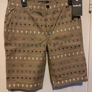 Hurley Olive Patterned Flat-Front Shorts with Multi-Icon Print
